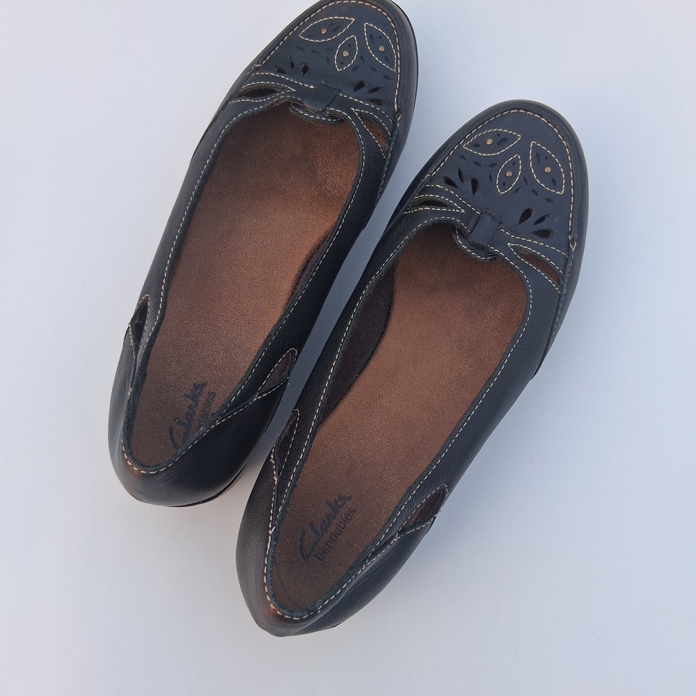 Clarks Black Leather Perforated Slip-On Flats